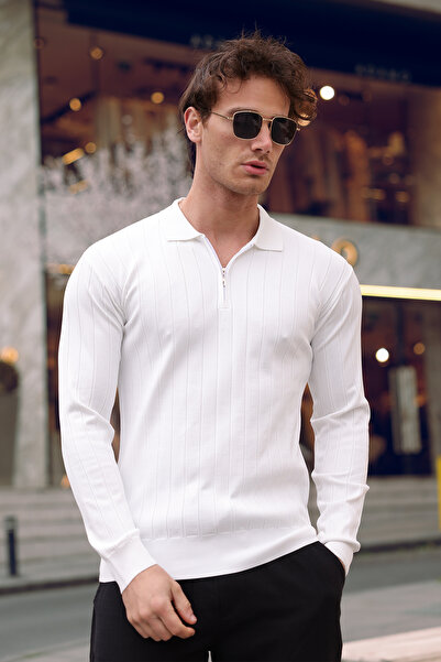 aziso Pulover alb pentru bărbați, cu guler polo, cu jumătate de fermoar