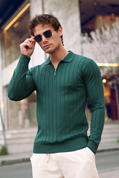 aziso Erkek Polo Yaka Yarım Fermuarlı Triko Kazak