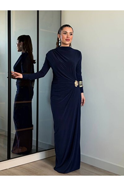 ROUPAS COLLECTİON Lacivert Drapeli Toka Detaylı Elbise