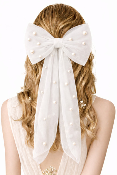 MadyaButik Scalloped Hair Clip with Pearls F Bow Detail White Hair Clip