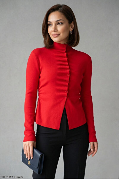 Safgiyim44 Ruffled Half Mock Neck Sweater