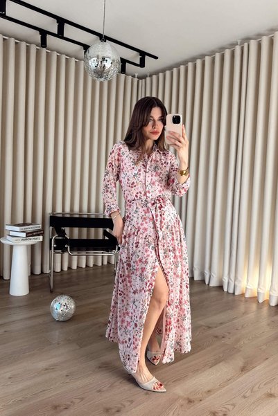 Sue Store Pink Floral Print Lined Belted Maxi Length Chiffon Shirt Dress