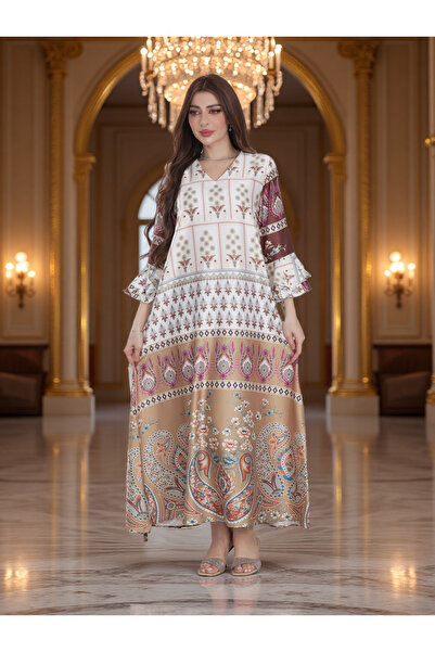 Finelook Ivory & Beige Heritage Print Modest Dress with Flared Sleeves