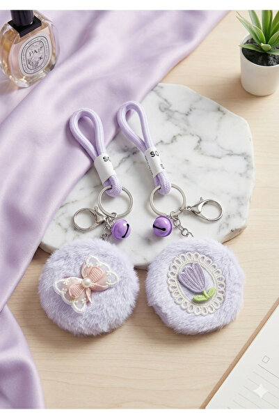 Şirin Mirrored Plush Pompom Keychain and Bag Ornament - Embroidery Detailed
