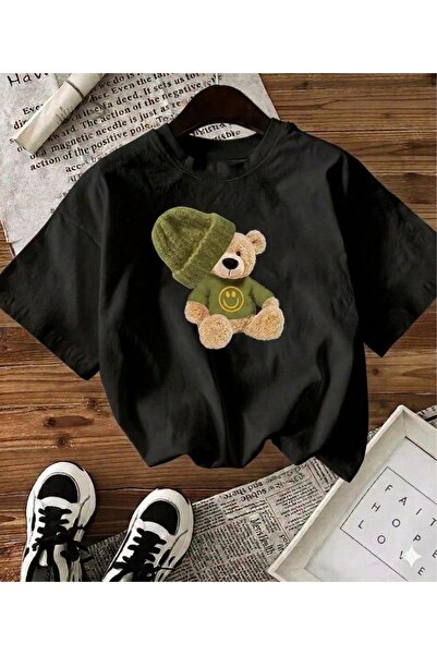 LELVANİ Milano Colorful Bear Printed Black Tshirt