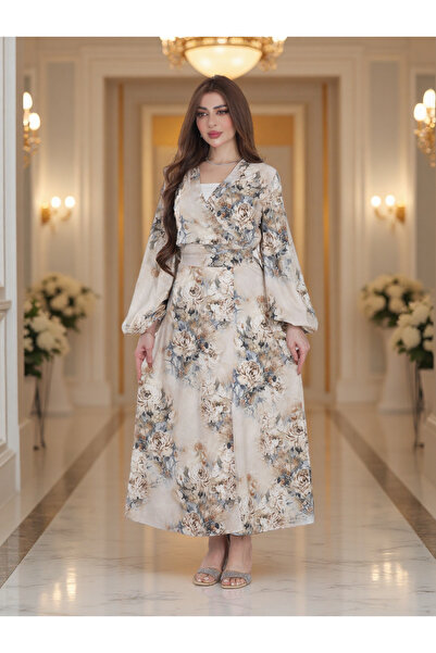 Finelook Beige Floral Wrap-Style Modest Maxi Dress with Waist Belt