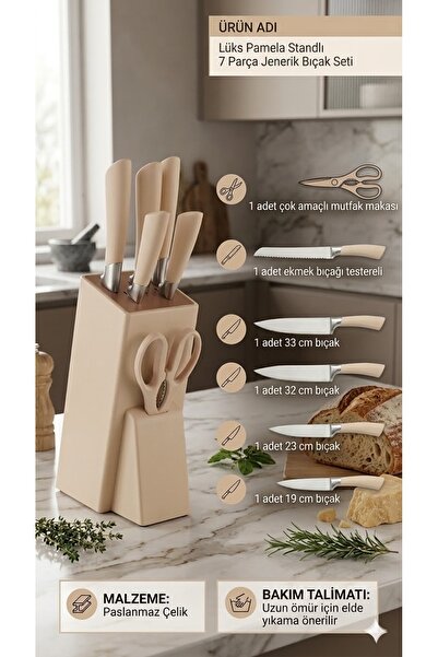 RİVO HOME DECOR Lüx Pamela Standlı 7 Parça Paslanmaz Çelik Mutfak Bıçak Seti ...