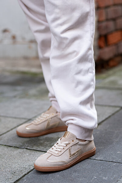 Venüs 2609902Y Hakiki Süet Deri Gold Detaylı Kauçuk Taban Bağcıklı Kadın Sneaker