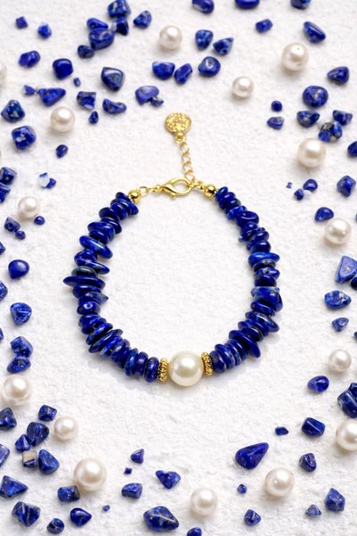 Agatella Tasarım Lapis Lazuli Natural Stone Bracelet – Steel Design Women's Bracelet with Single Pearl Detail