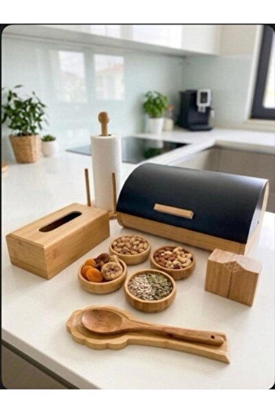 HÜCO BAZAAR Bambu 10 Parça Mutfak Seti (Ekmek Kutusu, Havluluk, Tuzluk, Çerez...