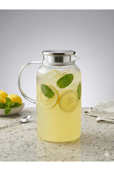 DsHome Modern Tasarım Cam Sürahi - Paslanmaz Çelik Süzgeçli Kapaklı, Desenli ...