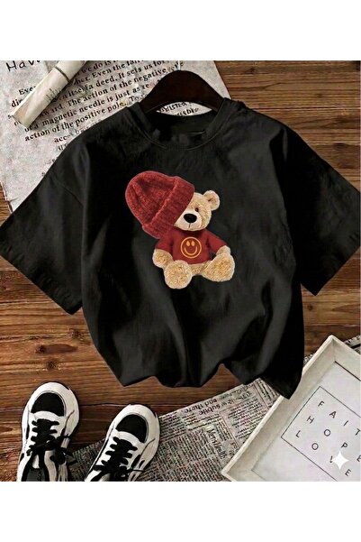 LELVANİ Milano Colorful Bear Printed Black Tshirt