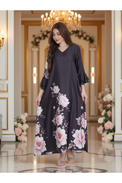 Finelook Charcoal Floral Print Modest Maxi Dress with Flared Sleeves