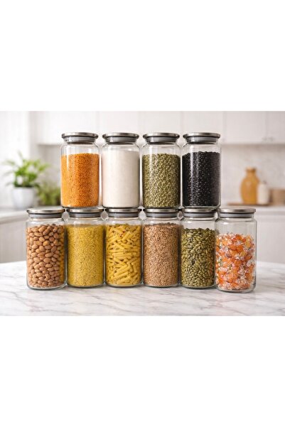 Pembelia Life 12 Adet 1300 ml Vakumlu Metal Kapaklı Etiketli Cam Bakliyat Erzak Saklama Kavanoz Saklama Kabı