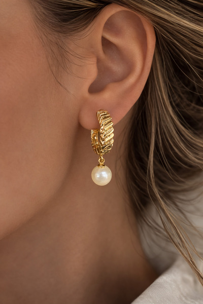 Takıtolia Zaria Gold Framed Dangle Pearl Design Baroque Bohemian Vintage Earr...