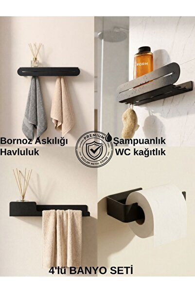Form Design 4'lü Paslanmaz Banyo Seti Siyah | 4 Parça Havluluk + Şampuanlık +...