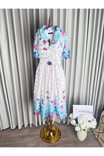 Verona Women's floral midi dress with a wide collar, short sleeves, and a sty...