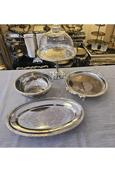 MaviDamla Stainless Steel Presentation Set with Stands, 4 Pieces, Silver Deta...