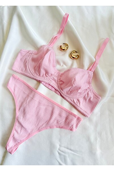 İNKO İÇ GİYİM Set sutien și chiloți roz pudră fără sârmă bumbac în tricotaj c...