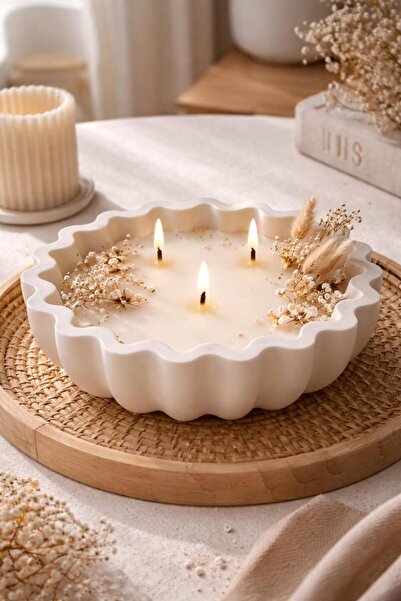 MANİFEST CANDLE Bohem Dekoratif 3 Fitilli Büyük Kase Mum – El Yapımı Beton Mu...