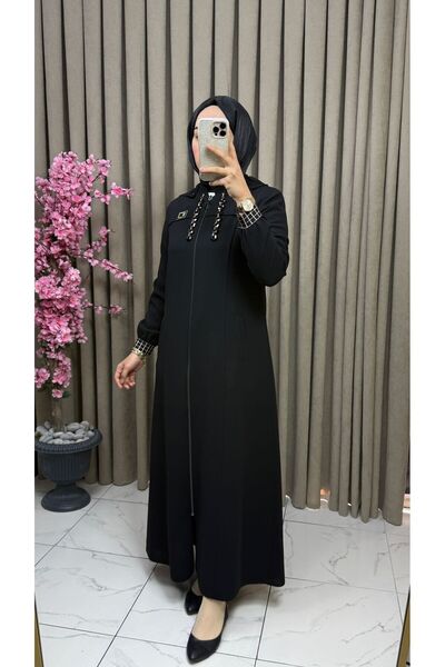 Sahra Tesettür Sarmoda fermuarlı Petek kumaş ferace modelimiz siyah