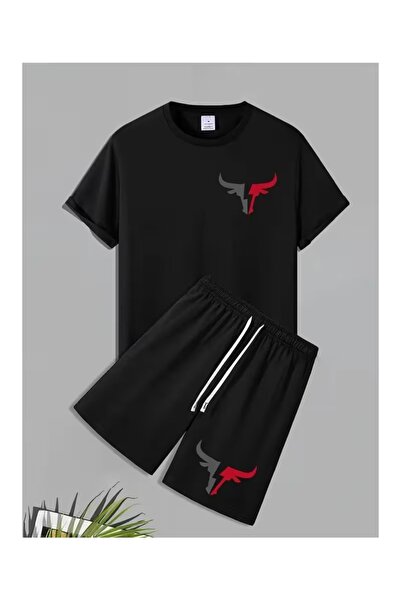 Massgai Unisex Design Bull Printed Oversized Short Sleeve T-Shirt Shorts 2-Pi...