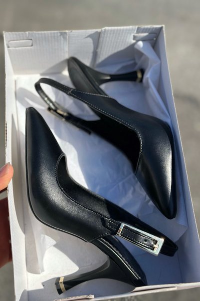 topuksarayı Tao Black Leather Slingback Pointed Toe Thin Heel Women's Heeled Shoes