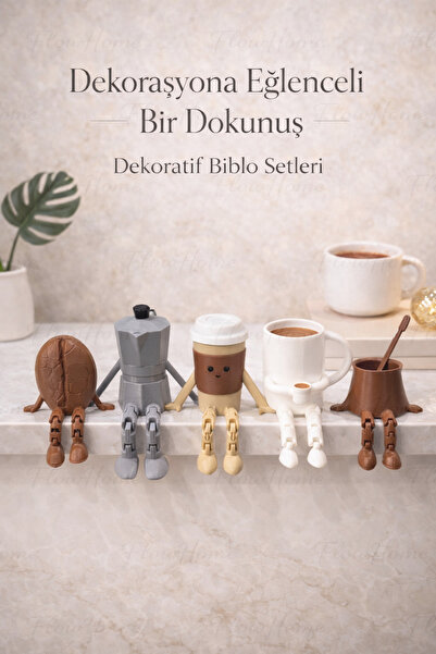 Flow Home Dekoratif 5’li kahve Seti Hareketli Ayaklı Masa Üstü Süsü Raf Dekor...
