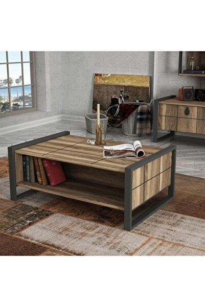 SAHABA طاولة قهوة خشبية 94 × 64 × 38 سم مع رف تخزين وأرجل سوداء لغرفة المعيشة