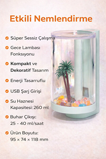 Ervinay Mini USB Hava Nemlendirici LED Gece Lambalı 260 ml Sessiz Çalışan Dek...