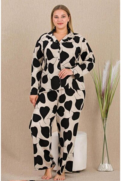 by İGP Black Gray Woven Fabric Button-Front Plus Size Pajama Set