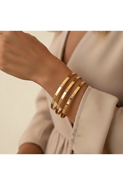 CAXBERN 22 Ayar Altın Kaplama 316L Çelik Bileklik Düz Kalın Ajda Parlak Sade ...
