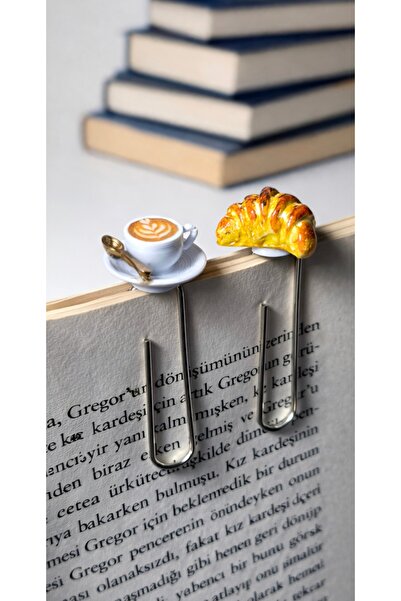 Minyatür Dünyam 2’li Minyatür Kahve Fincanı ve El Yapımı Kruvasan Kitap Ayrac...