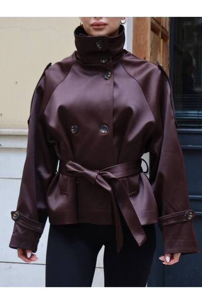 asyadabutik Women's Leather Mock Neck Jacket