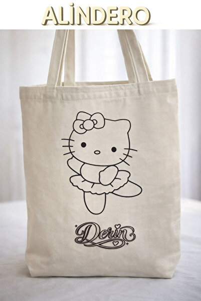 Alindero Kişiye özel isimli bez çanta çocuk boyama çantası HELLO KITTY tote b...