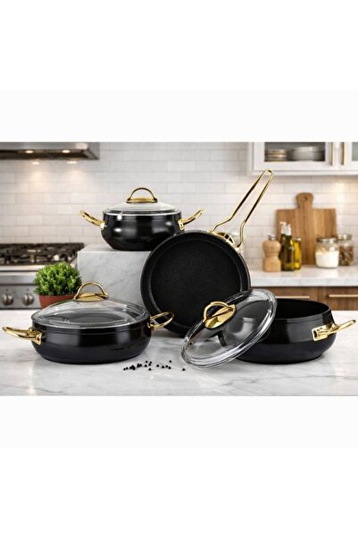 Lines Yonca 7 Parça Granit Güveç Tencere Seti | Altın Metal Kulplu Yapışmaz Ç...