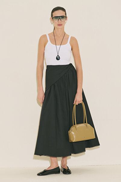 Manuka Buttoned Front Poplin Skirt Black