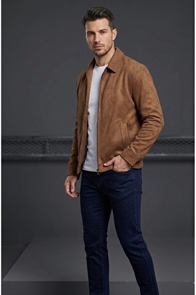 SAVARA Mevsimlik taba rengi likralı esnek süet mont regular fit kalıp