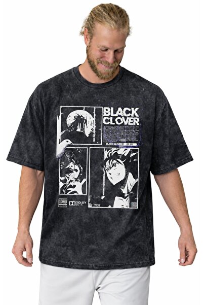 SEVBANO Tricou unisex oversize cu imprimeu Black Clover Anime, spălat la mași...