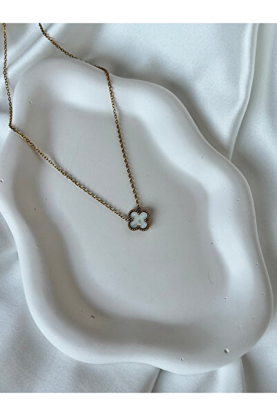 GUNESTAKI White Single Gold Pearlescent Clover Steel Necklace
