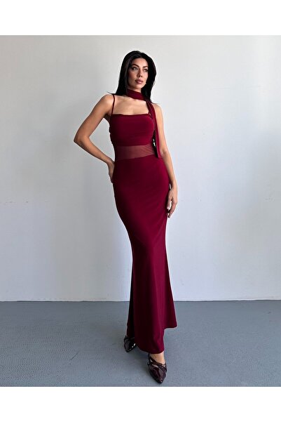 FERZOLAİO Shawl Collar Long Burgundy Sheer Evening Dress