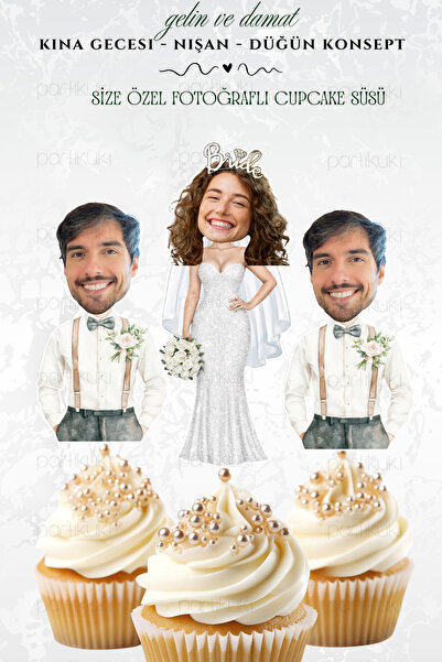 partikuki Kişiye Özel Fotoğraflı Gelin Damat Cupcake Süsü 10 Adet Düğün Nişan...