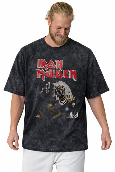 SEVBANO Tricou unisex oversize vintage spălat, cu imprimeu Iron Maiden Rock M...