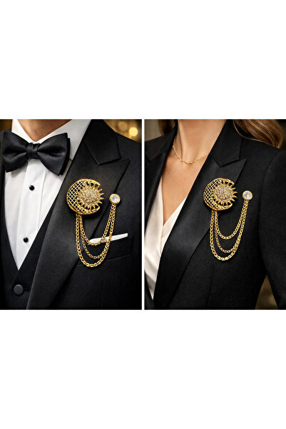 Butenin Atölyesi Zincirli yaka iğnesi, broş, kadın ve erkek aksesuar, Gold ta...