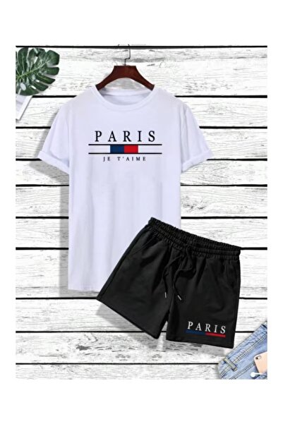 Massgai Unisex Design Paris Printed Oversized Short Sleeve T-Shirt Shorts 2-P...