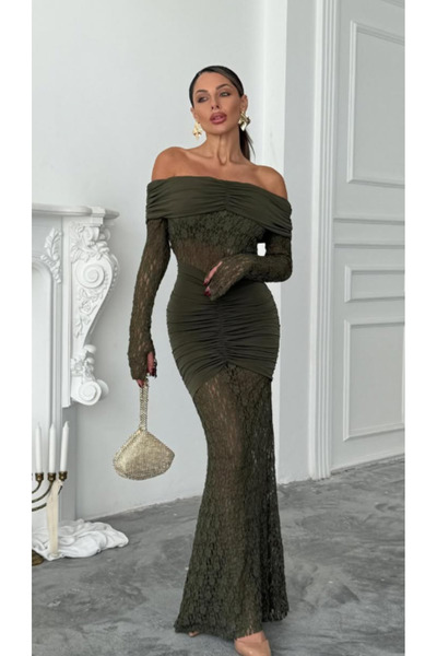 AURA MODİST Madon Yaka Dantel ve Drape Detaylı Maxi Elbise-L - Haki