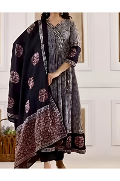 IndHeritage Premium black & beige ethnic prints angrakha pure cotton 3 piece ...
