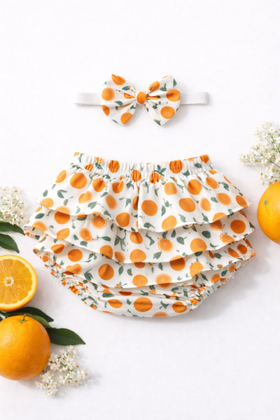 ues Kız Bebek Portakal Desenli Fırfırlı Şort & Bandana Takım