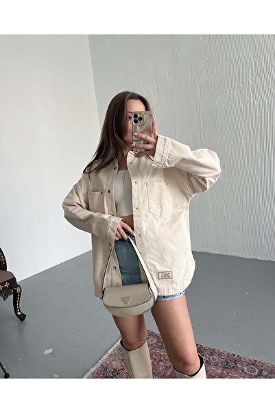 FERZOLAİO Chic Oversized Gabardine Ecru Shirt Jacket