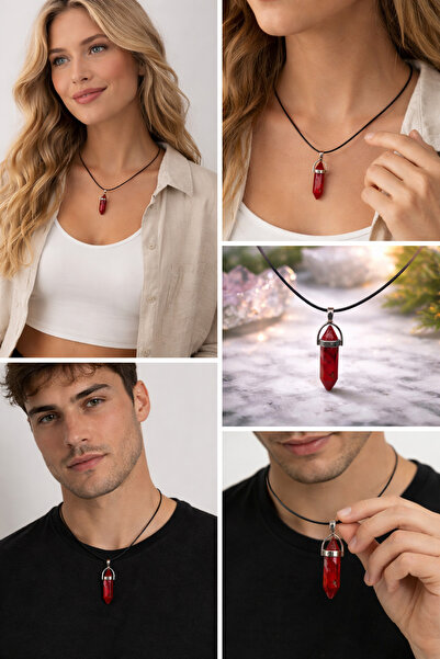 LUNEVA AKSESUAR Red Crystal Look Necklace – Modern Design Unisex Necklace wit...
